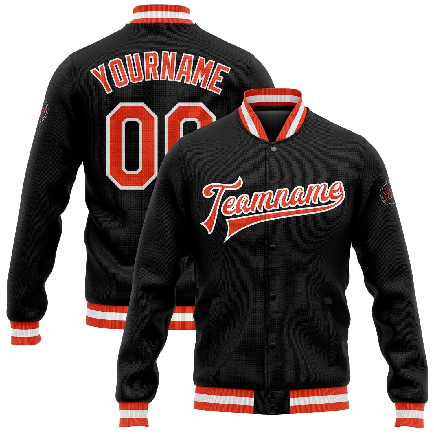Custom Black Orange-White Bomber Full-Snap Varsity Letterman Jacket photo 1