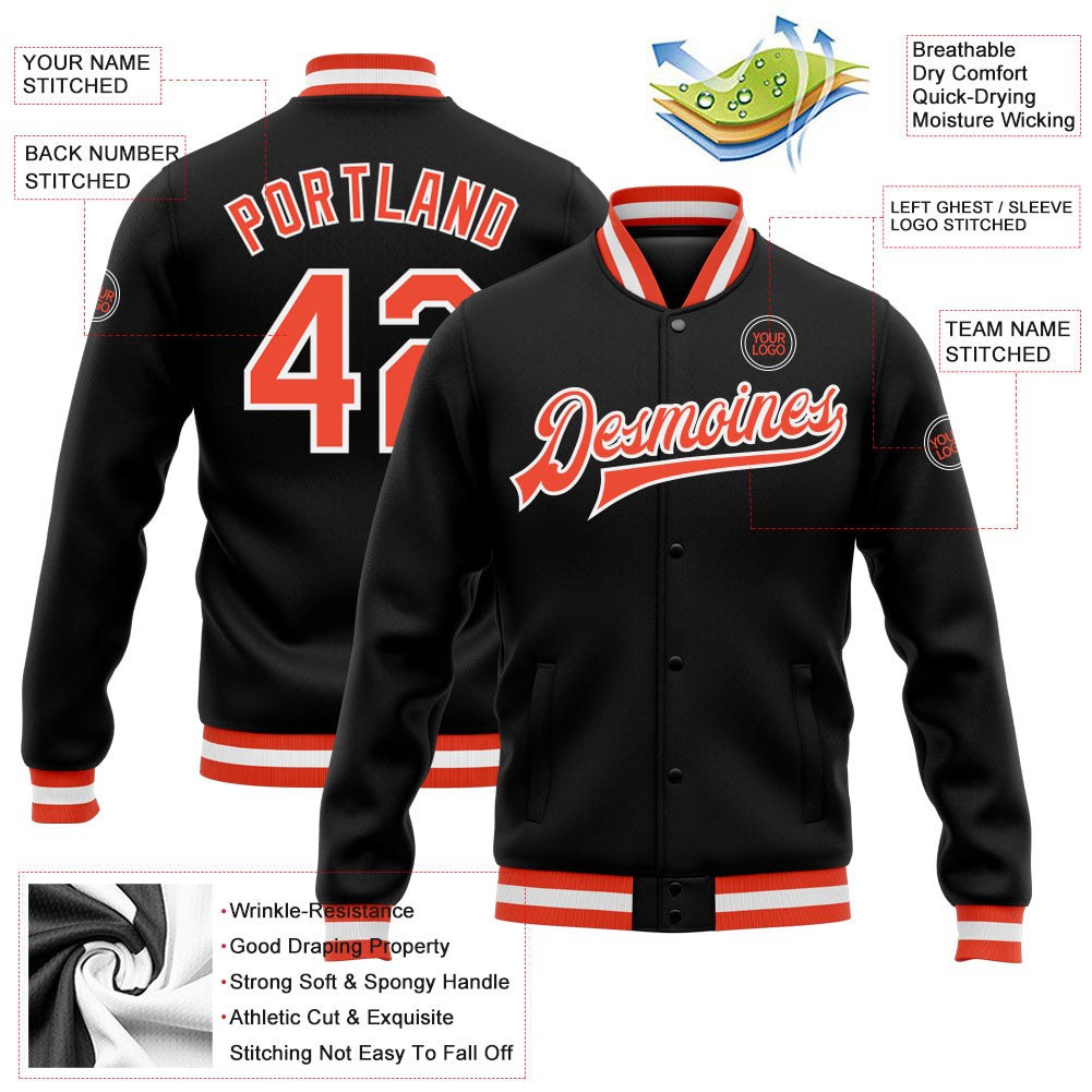 Custom Black Orange-White Bomber Full-Snap Varsity Letterman Jacket photo 5