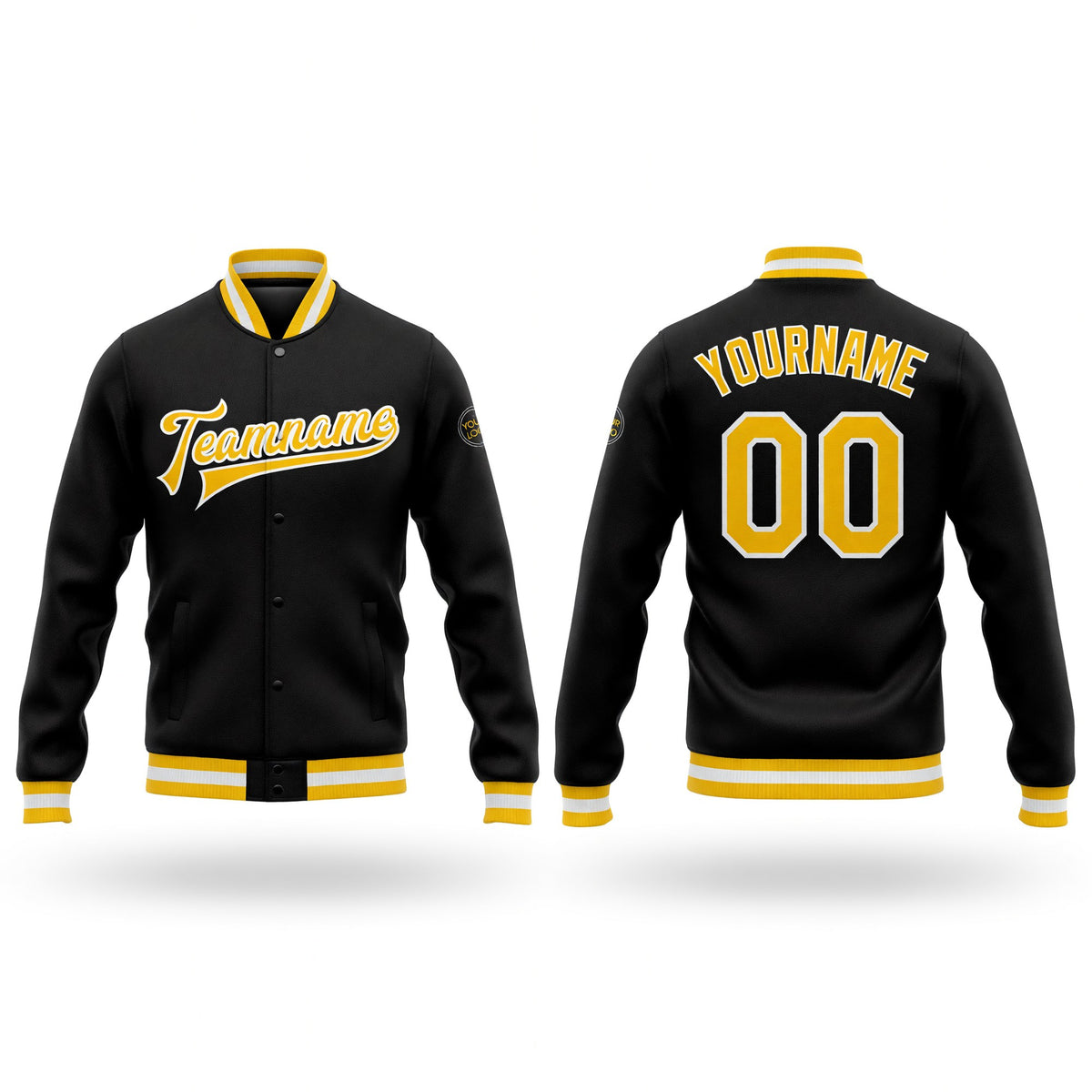 Custom Black Gold-White Bomber Full-Snap Varsity Letterman Jacket