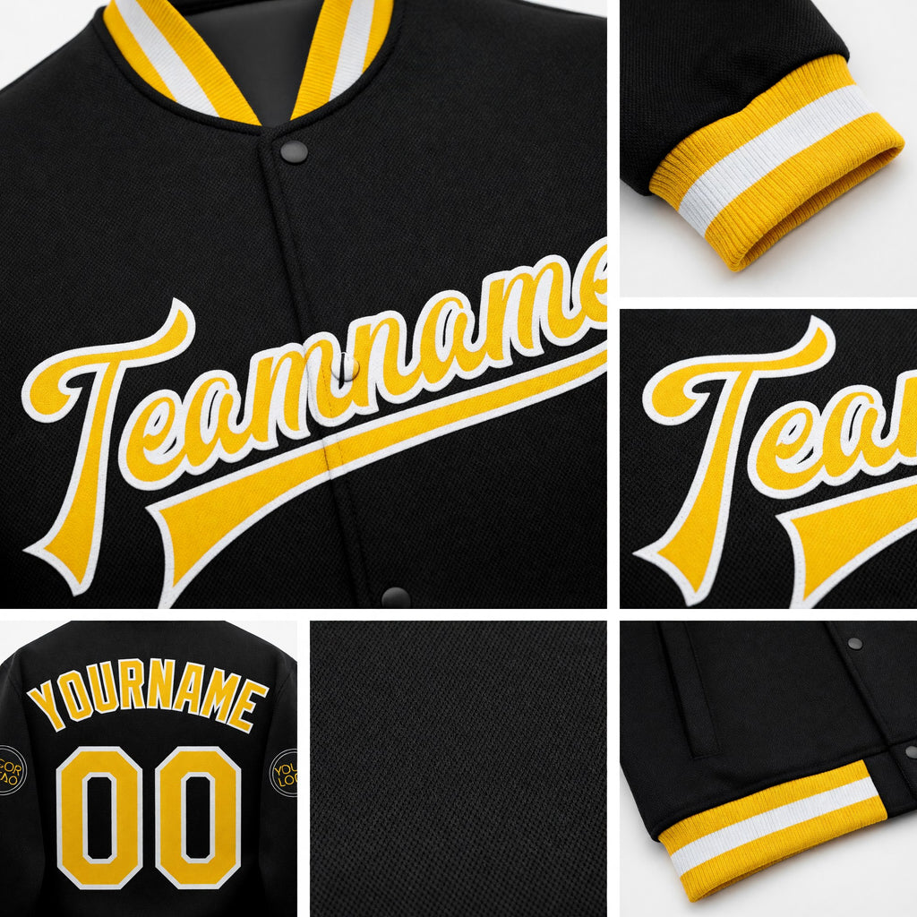 Custom Black Gold-White Bomber Full-Snap Varsity Letterman Jacket detail