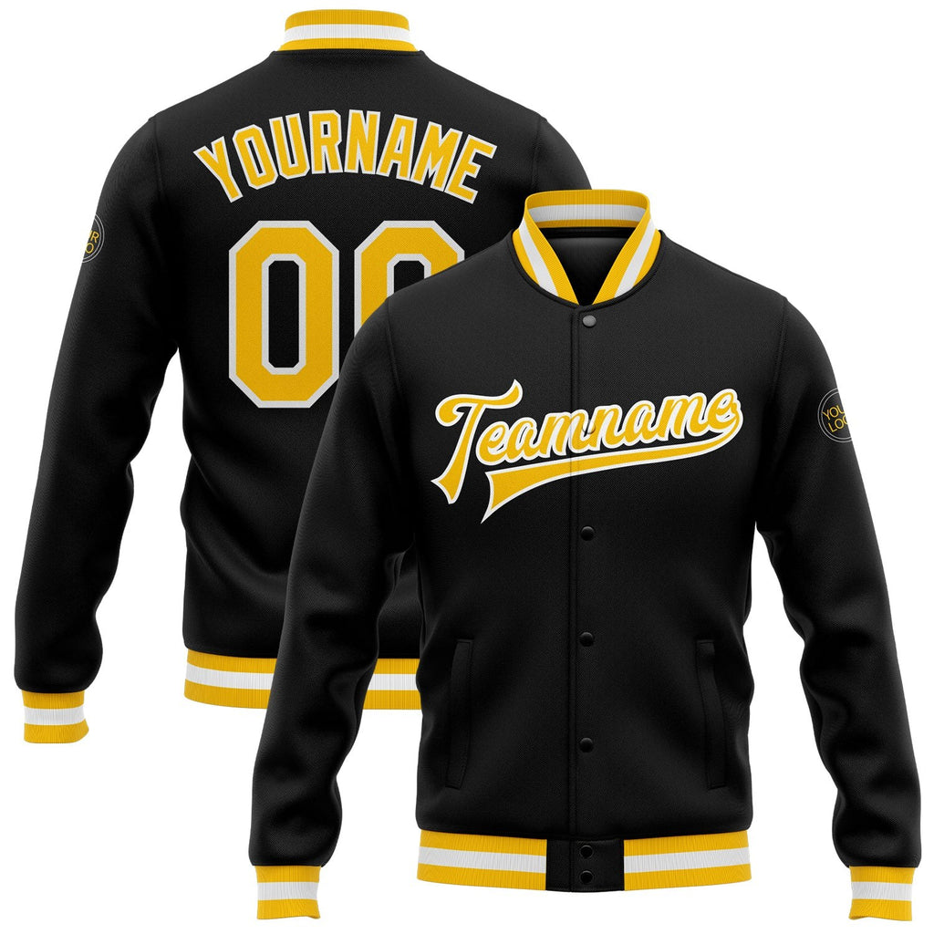Custom Black Gold-White Bomber Full-Snap Varsity Letterman Jacket photo 1