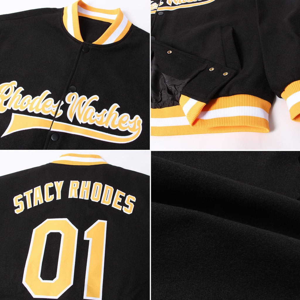Custom Black Gold-White Bomber Full-Snap Varsity Letterman Jacket photo 4