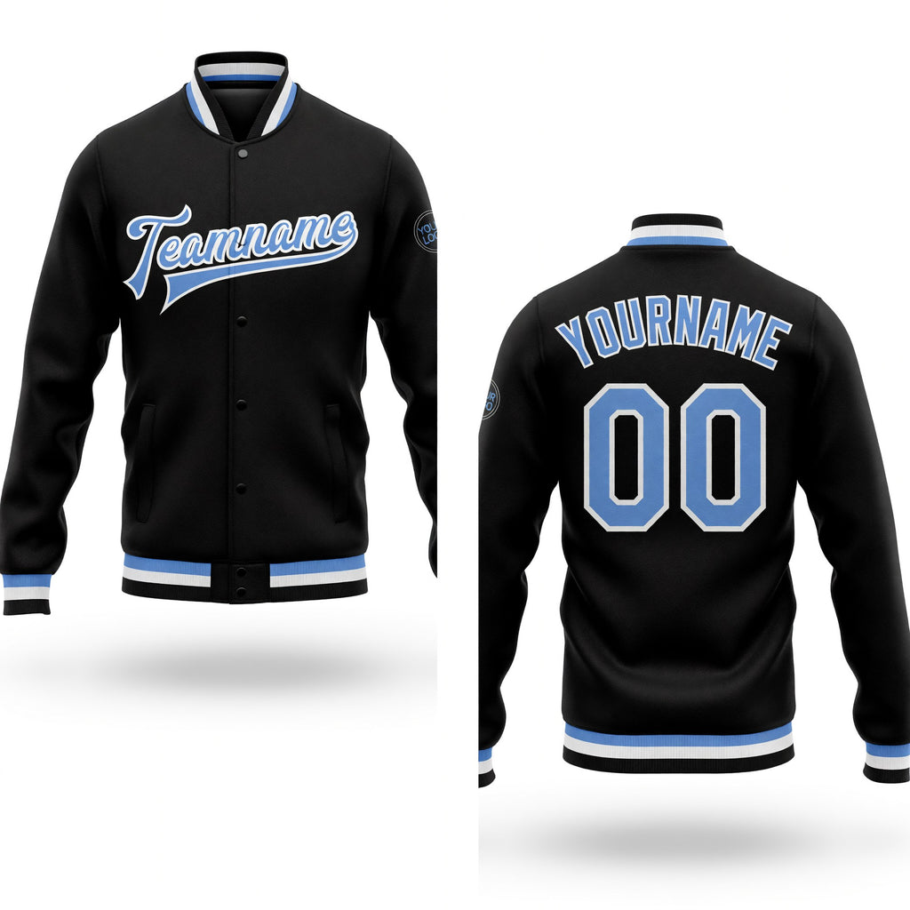 Custom Black Light Blue-White Bomber Full-Snap Varsity Letterman Jacket