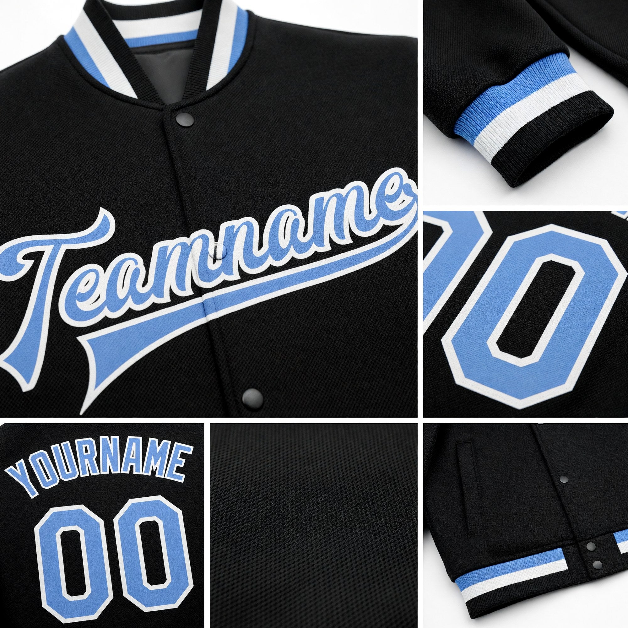 Custom Black Light Blue-White Bomber Full-Snap Varsity Letterman Jacket detail