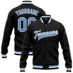 Custom Black Light Blue-White Bomber Full-Snap Varsity Letterman Jacket photo 1