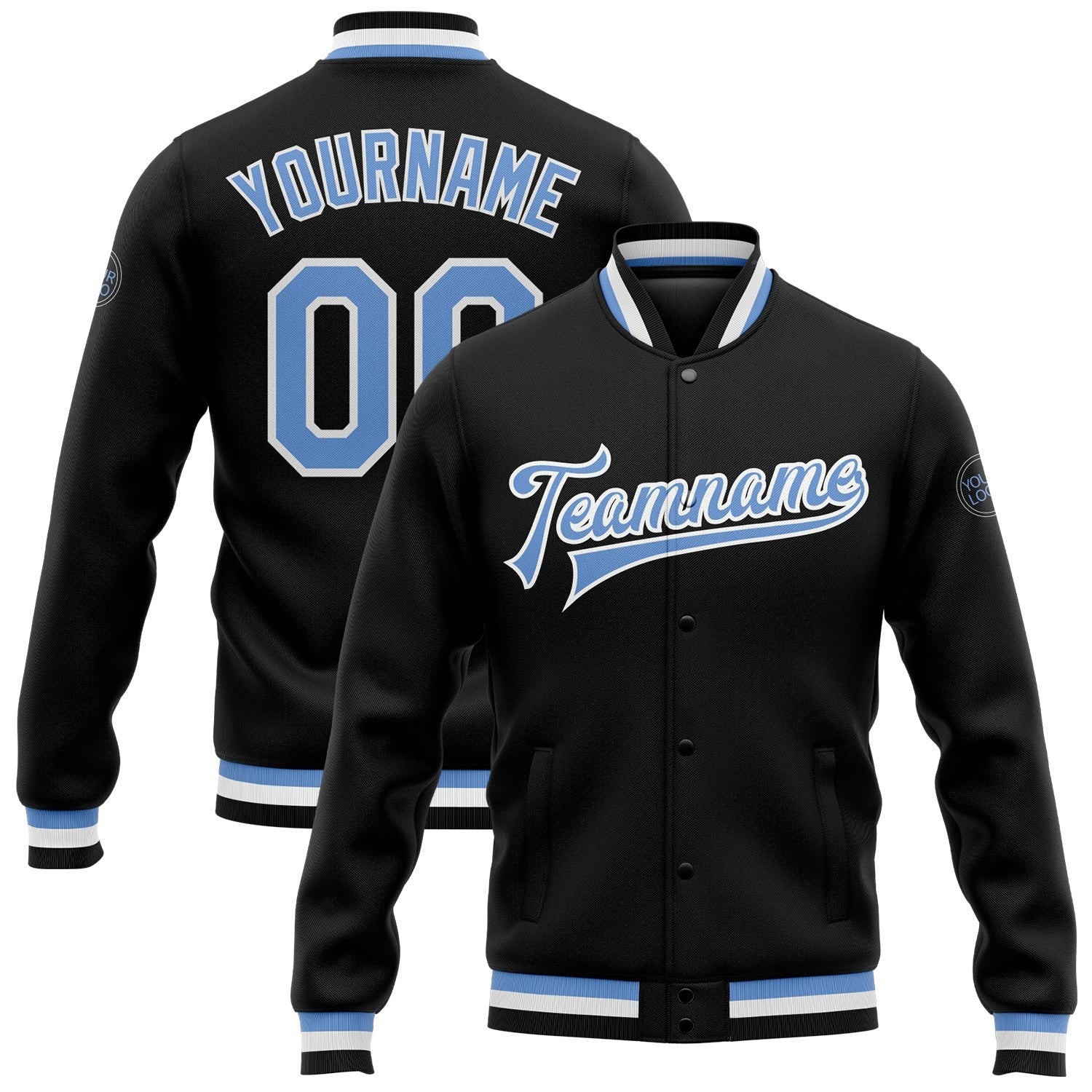 Custom Black Light Blue-White Bomber Full-Snap Varsity Letterman Jacket photo 1