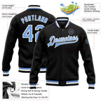 Custom Black Light Blue-White Bomber Full-Snap Varsity Letterman Jacket photo 5