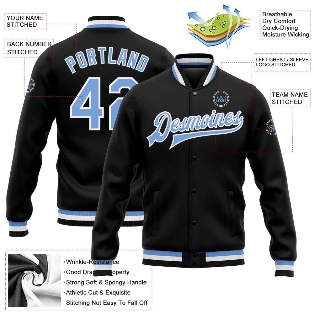 Custom Black Light Blue-White Bomber Full-Snap Varsity Letterman Jacket photo 5