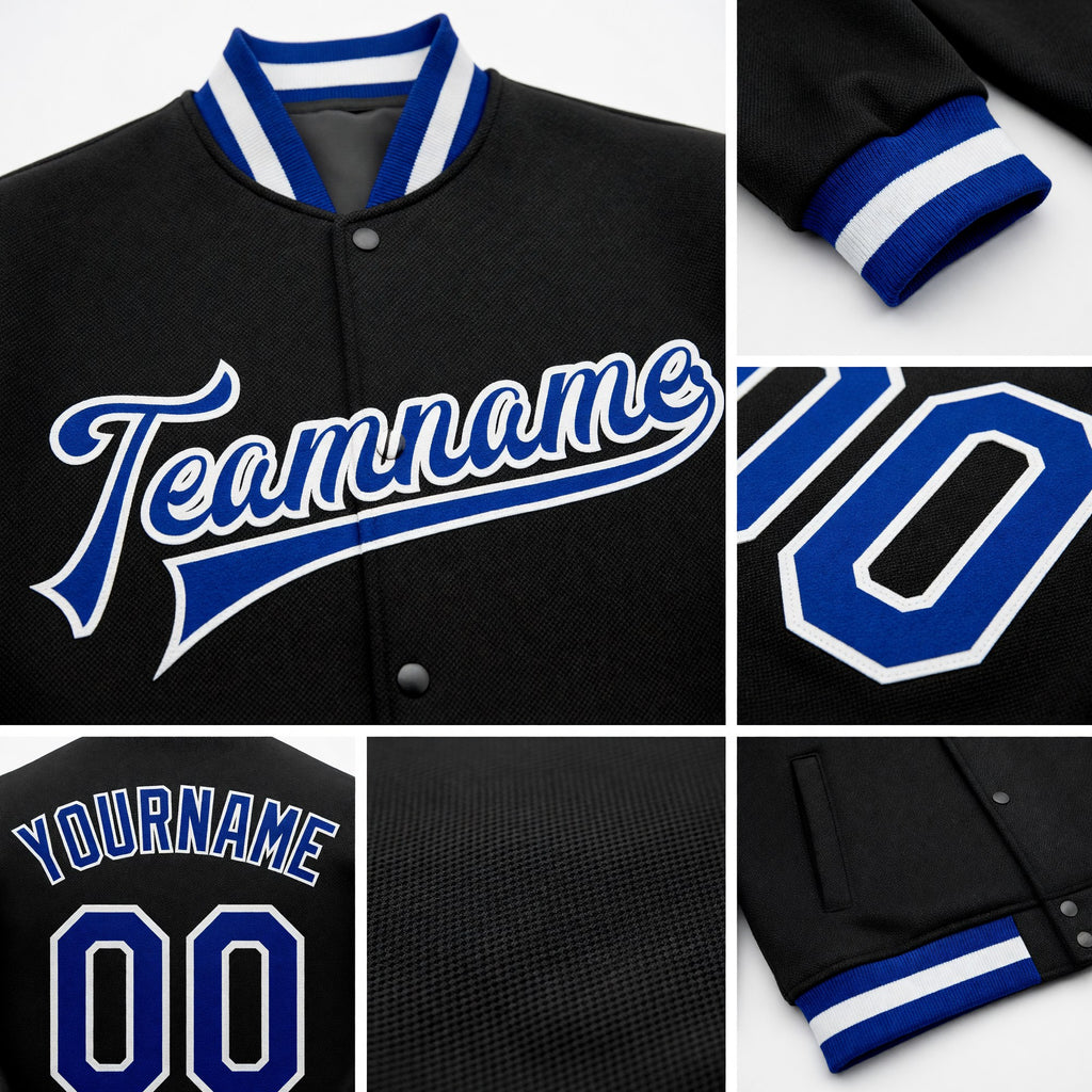 Custom Black Royal-White Bomber Full-Snap Varsity Letterman Jacket detail