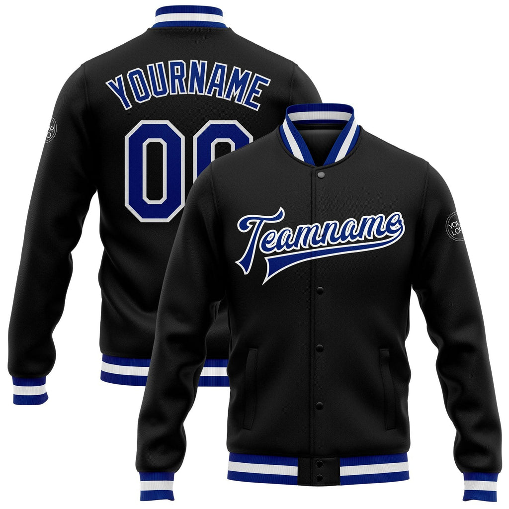 Custom Black Royal-White Bomber Full-Snap Varsity Letterman Jacket photo 1
