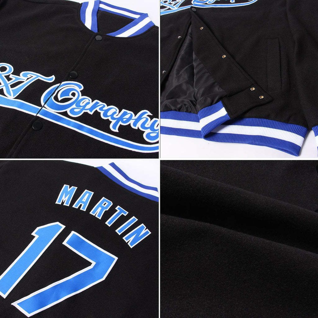 Custom Black Royal-White Bomber Full-Snap Varsity Letterman Jacket photo 4