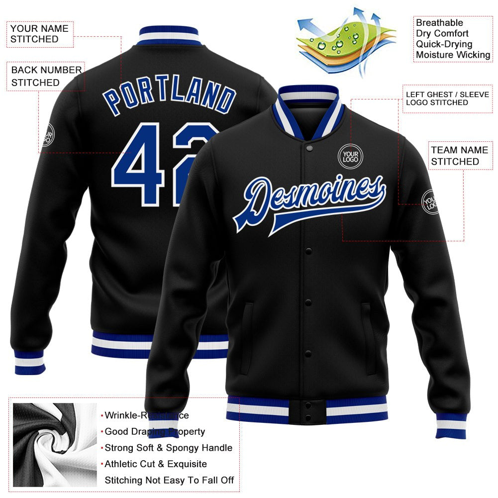 Custom Black Royal-White Bomber Full-Snap Varsity Letterman Jacket photo 5