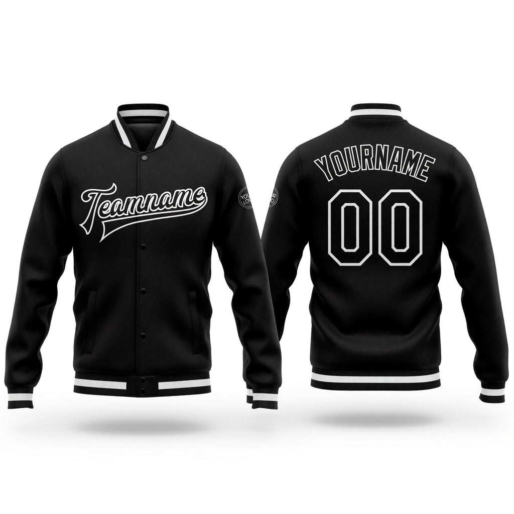 Custom Black Black-White Bomber Full-Snap Varsity Letterman Jacket