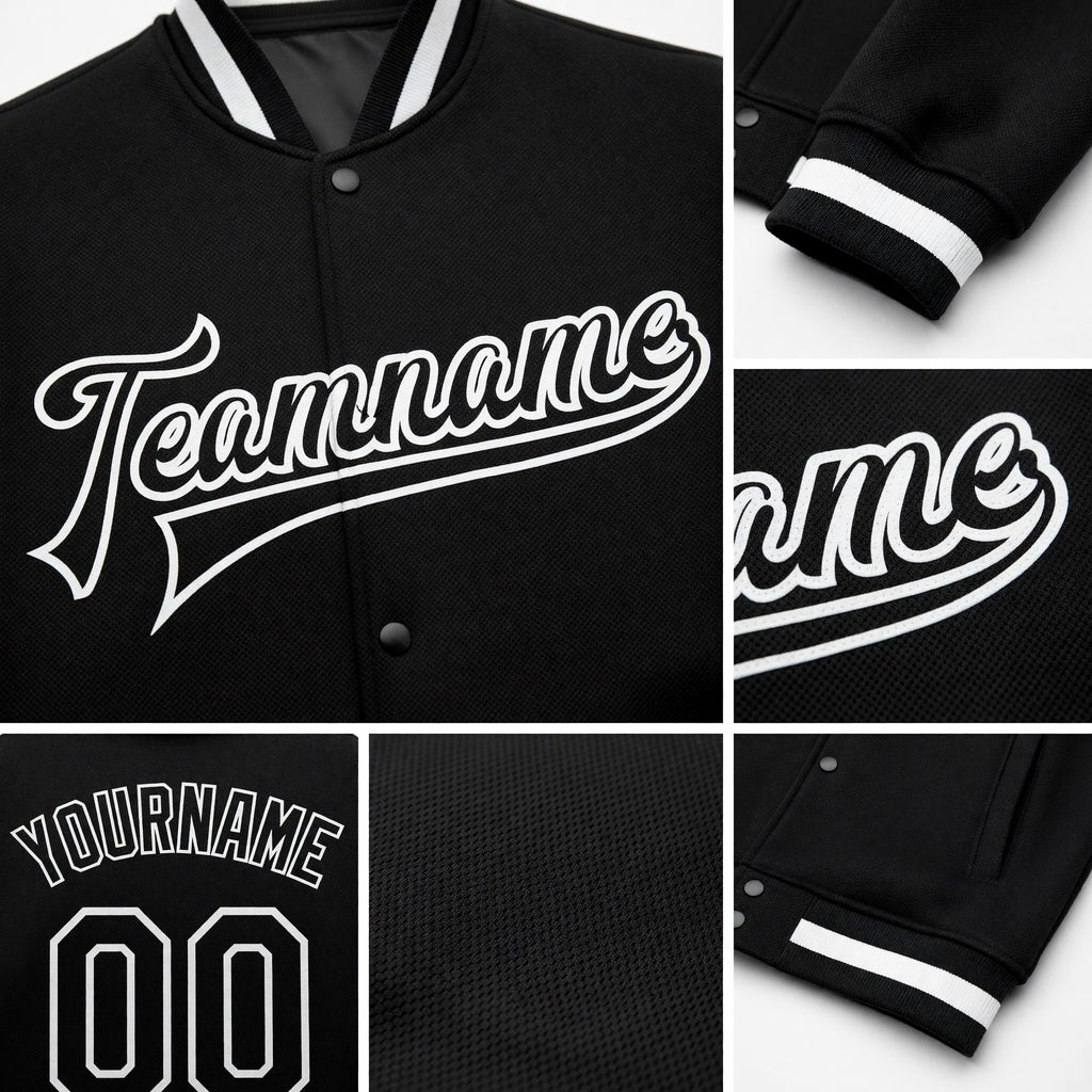 Custom Black Black-White Bomber Full-Snap Varsity Letterman Jacket detail