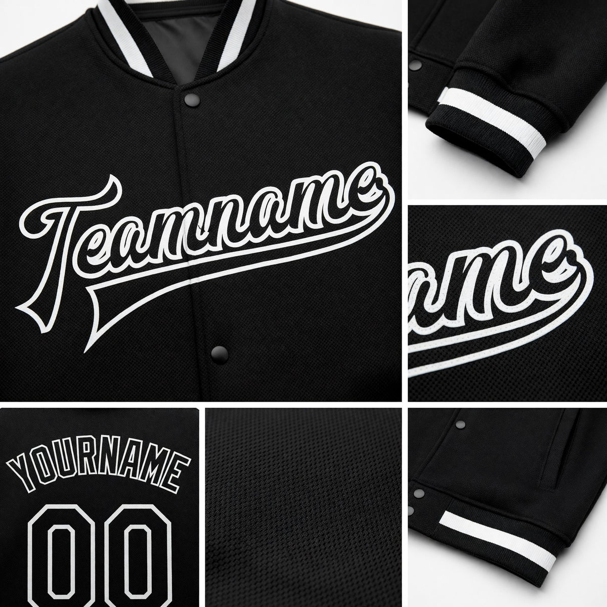 Custom Black Black-White Bomber Full-Snap Varsity Letterman Jacket detail