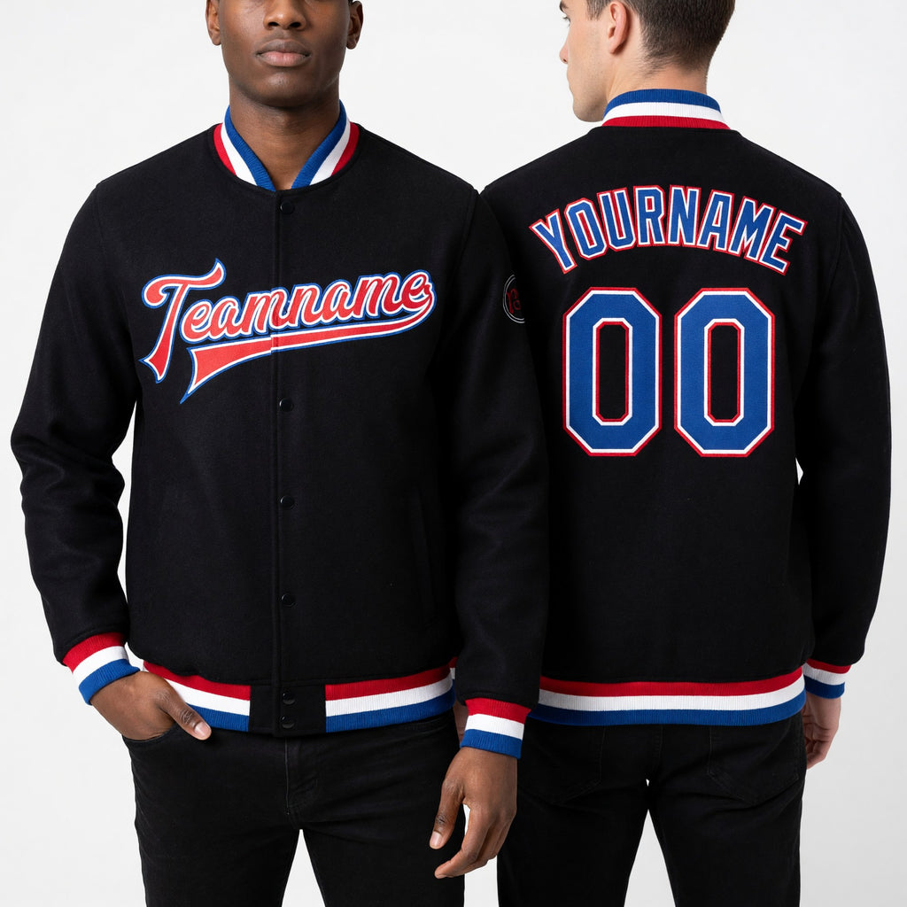 Custom Black Royal White-Red Bomber Full-Snap Varsity Letterman Jacket worn front and back