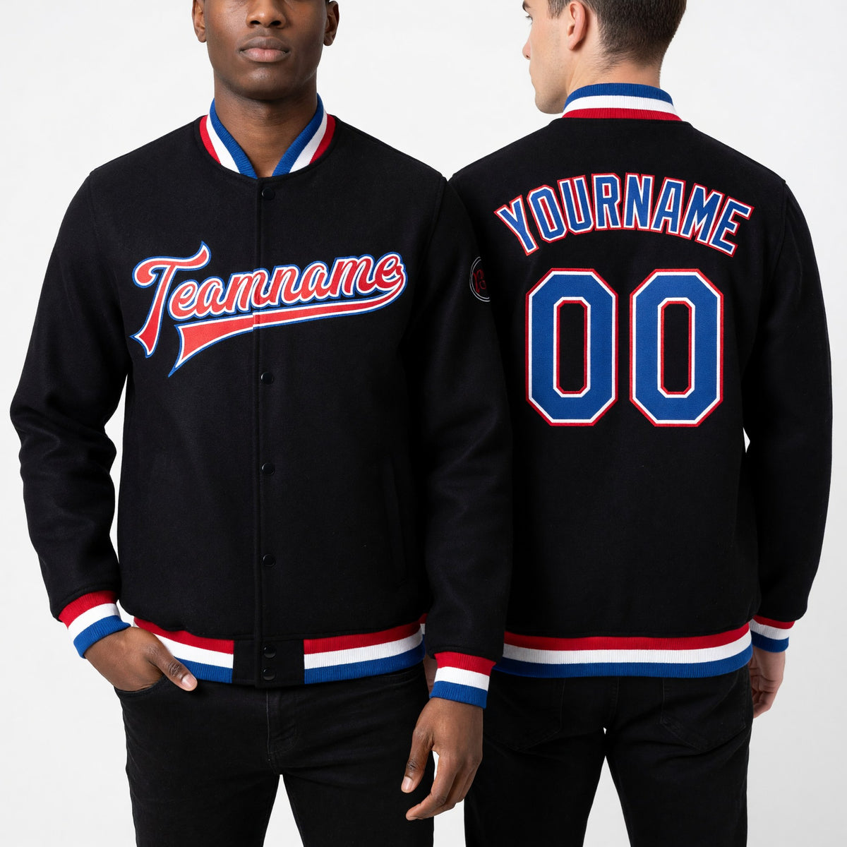 Custom Black Royal White-Red Bomber Full-Snap Varsity Letterman Jacket worn front and back