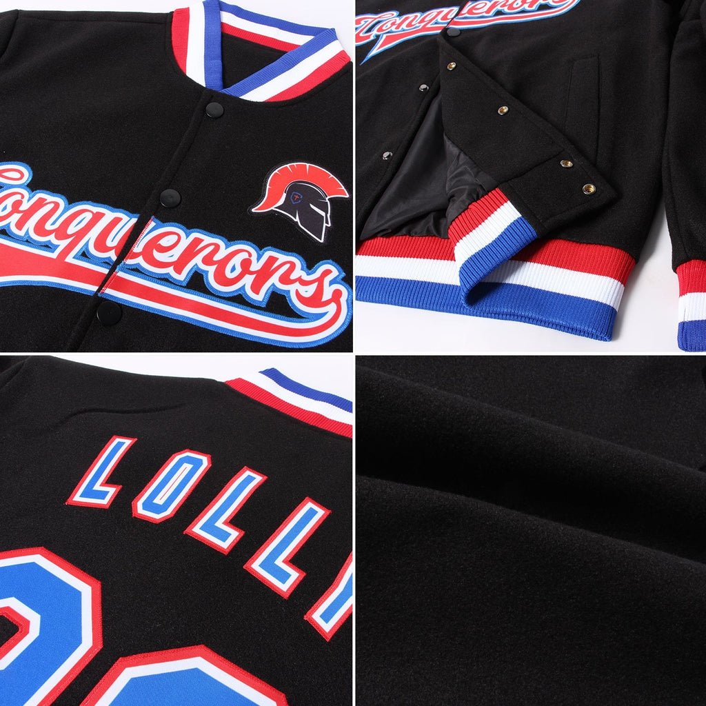 Custom Black Royal White-Red Bomber Full-Snap Varsity Letterman Jacket photo 4