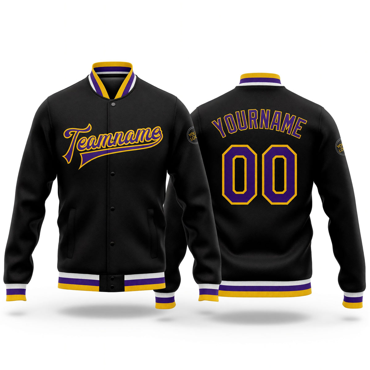 Custom Black Purple-Gold Bomber Full-Snap Varsity Letterman Jacket
