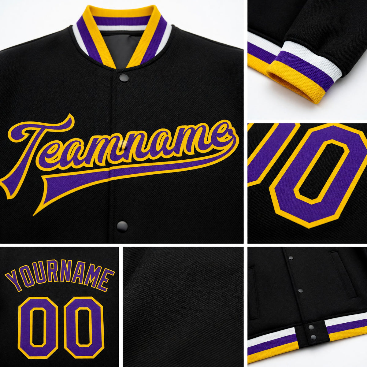 Custom Black Purple-Gold Bomber Full-Snap Varsity Letterman Jacket detail