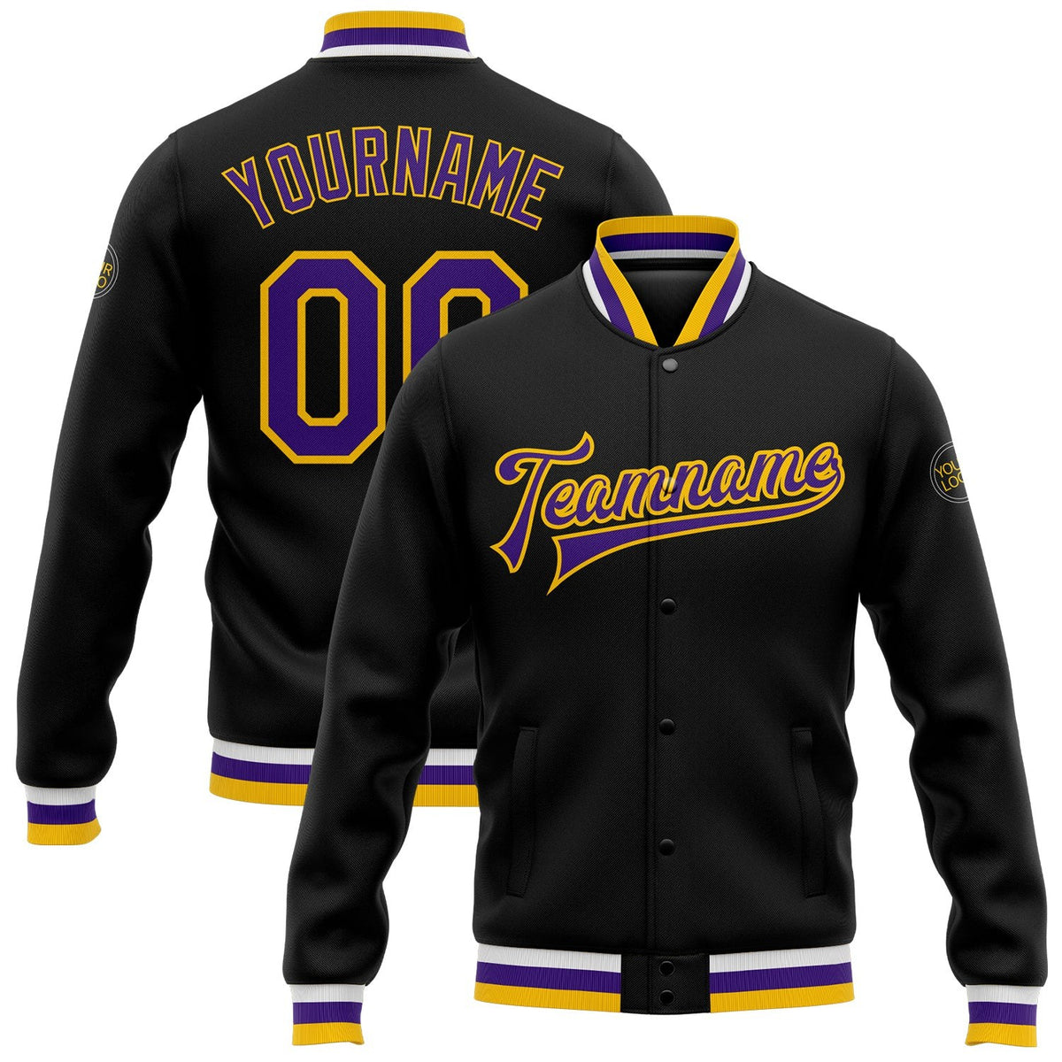 Custom Black Purple-Gold Bomber Full-Snap Varsity Letterman Jacket photo 1