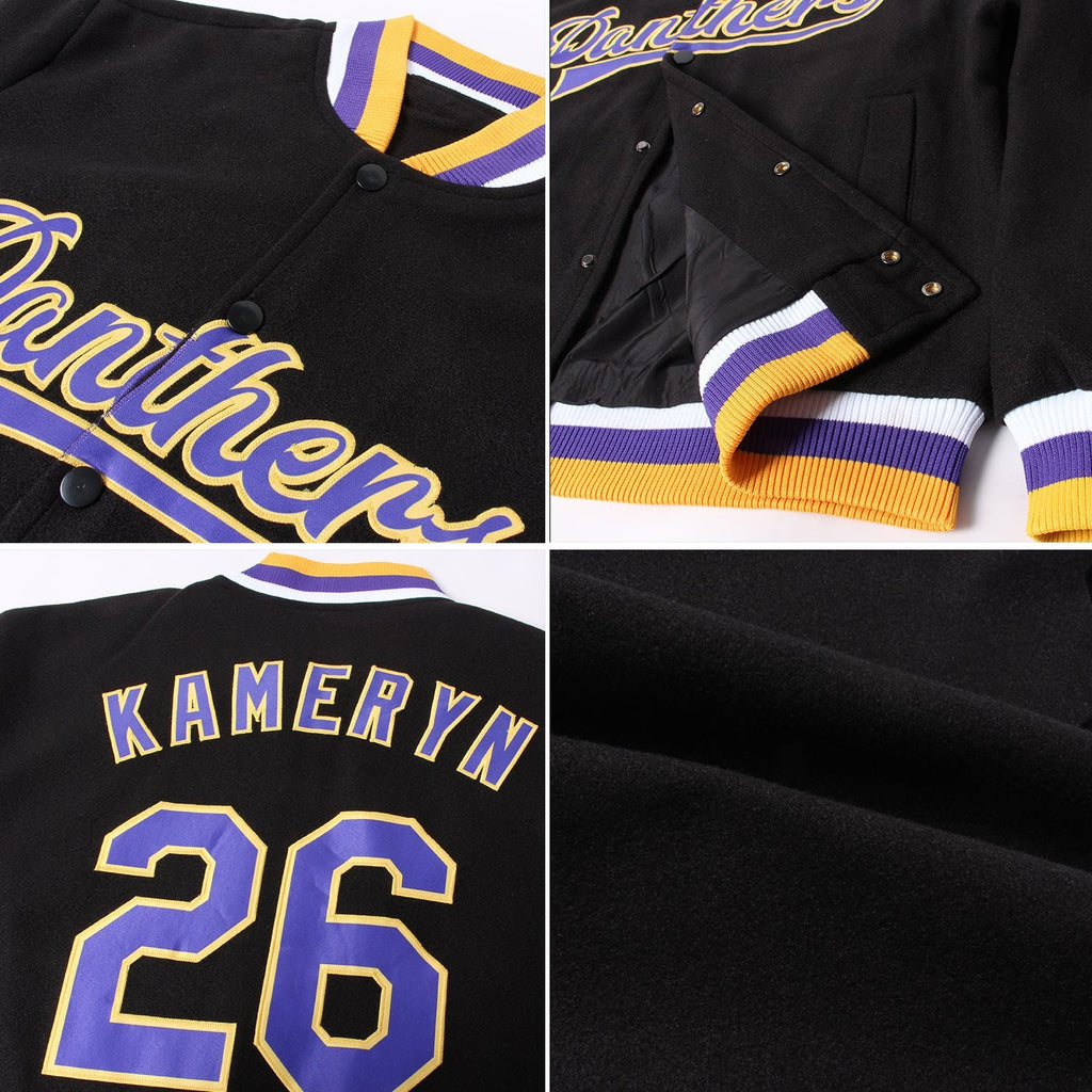 Custom Black Purple-Gold Bomber Full-Snap Varsity Letterman Jacket photo 4