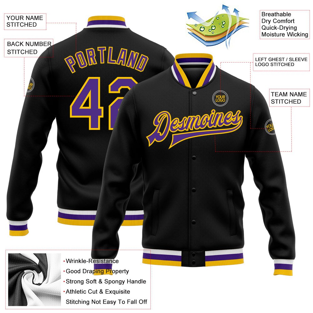 Custom Black Purple-Gold Bomber Full-Snap Varsity Letterman Jacket photo 5