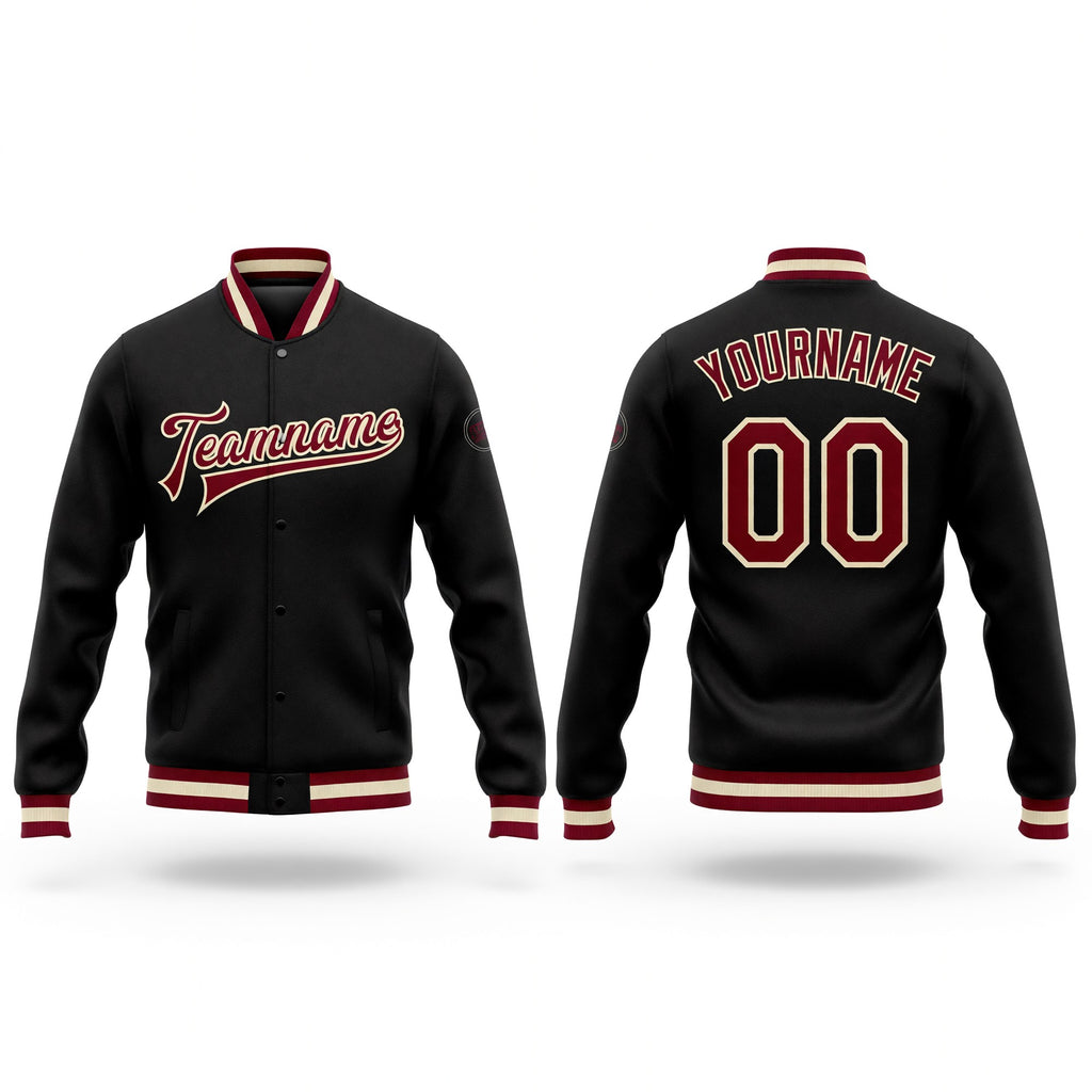 Custom Black Maroon-Cream Bomber Full-Snap Varsity Letterman Jacket