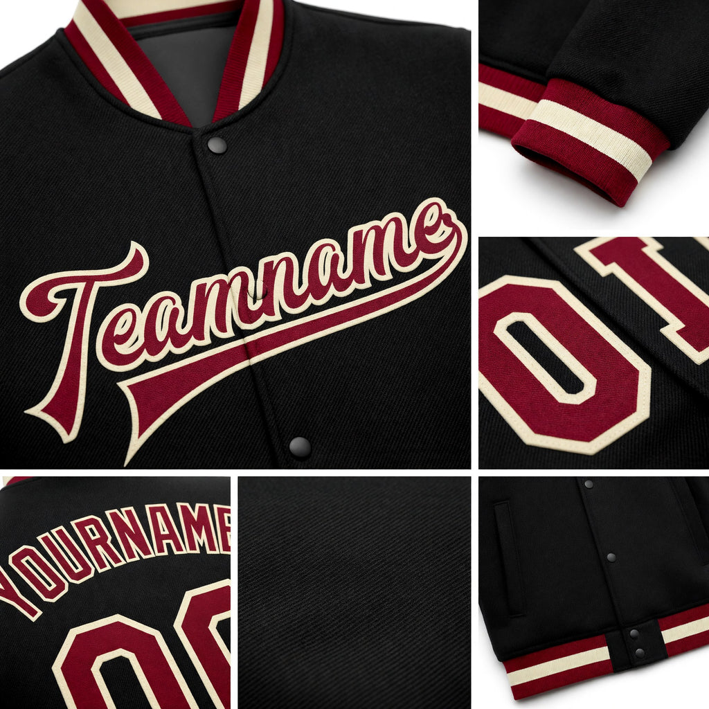 Custom Black Maroon-Cream Bomber Full-Snap Varsity Letterman Jacket detail