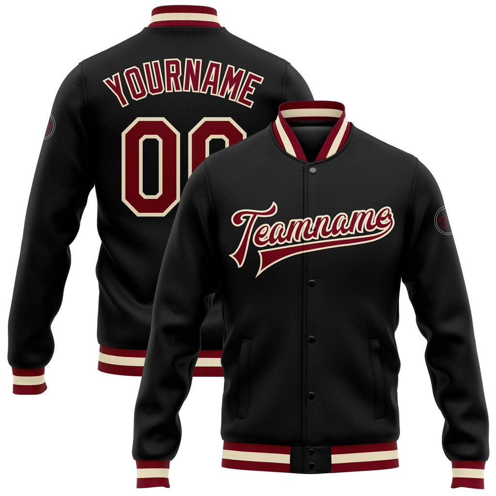 Custom Black Maroon-Cream Bomber Full-Snap Varsity Letterman Jacket photo 1
