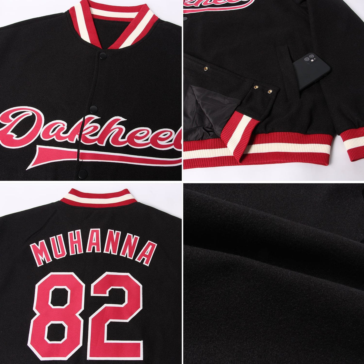 Custom Black Maroon-Cream Bomber Full-Snap Varsity Letterman Jacket photo 4