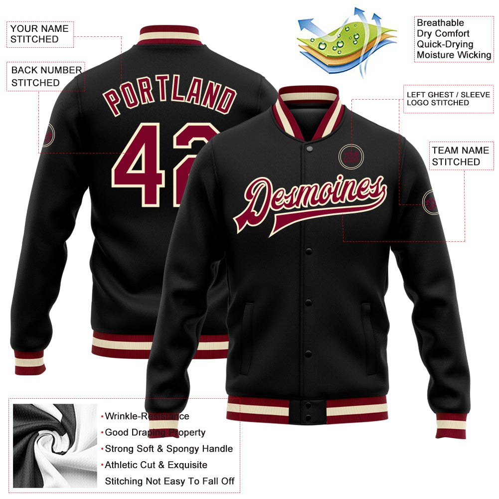 Custom Black Maroon-Cream Bomber Full-Snap Varsity Letterman Jacket photo 5