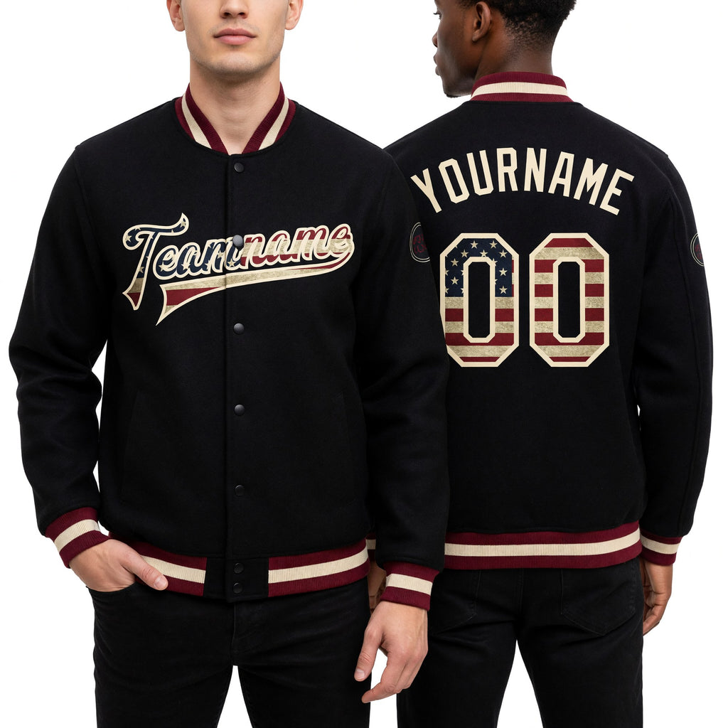 Custom Black Vintage USA Flag-Cream Bomber Full-Snap Varsity Letterman Jacket worn front and back