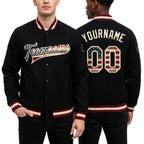 Custom Black Vintage USA Flag-Cream Bomber Full-Snap Varsity Letterman Jacket worn front and back