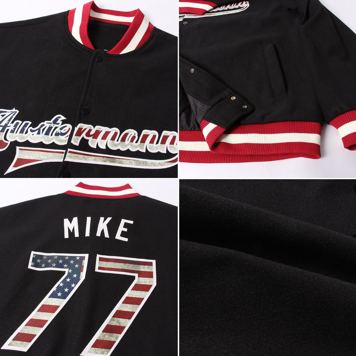 Custom Black Vintage USA Flag-Cream Bomber Full-Snap Varsity Letterman Jacket photo 4