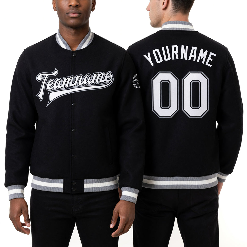 Custom Black White-Gray Bomber Full-Snap Varsity Letterman Jacket worn front and back