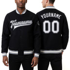 Custom Black White-Gray Bomber Full-Snap Varsity Letterman Jacket worn front and back