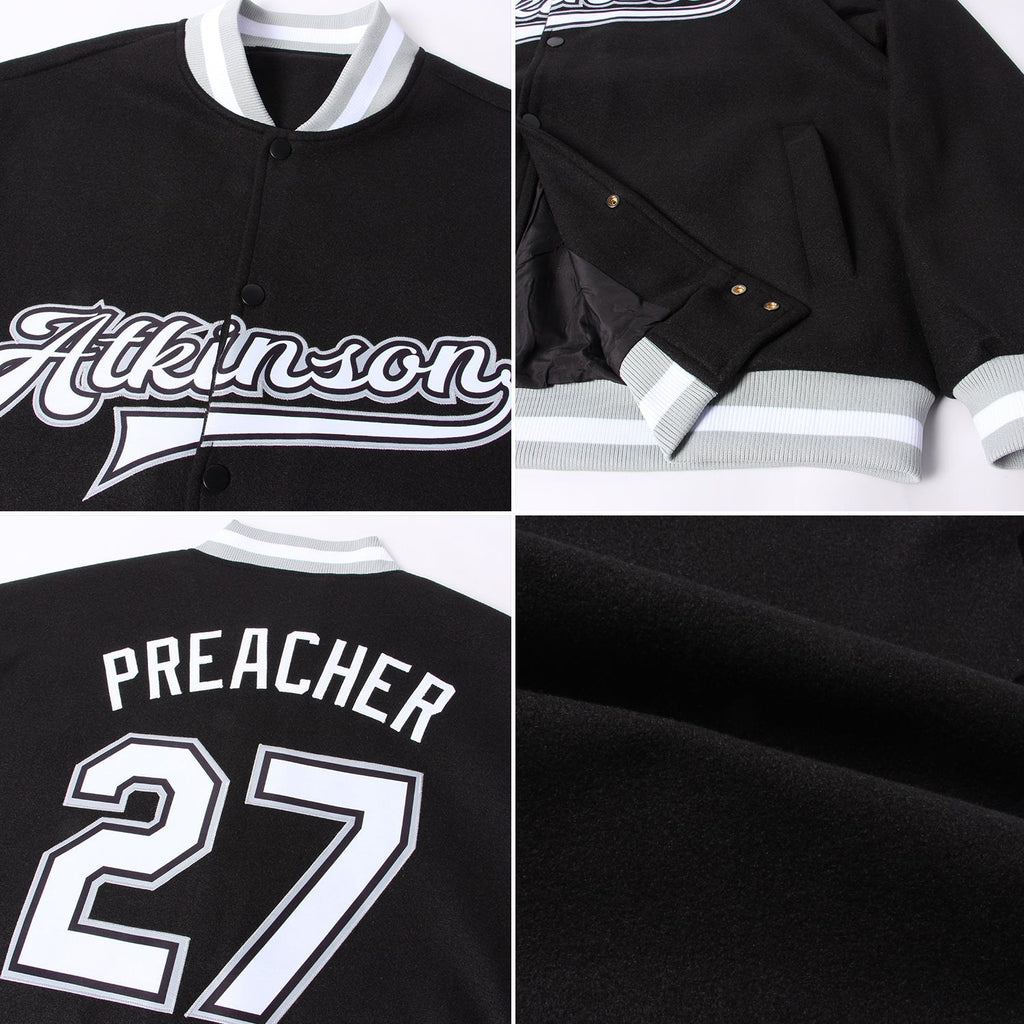 Custom Black White-Gray Bomber Full-Snap Varsity Letterman Jacket photo 4