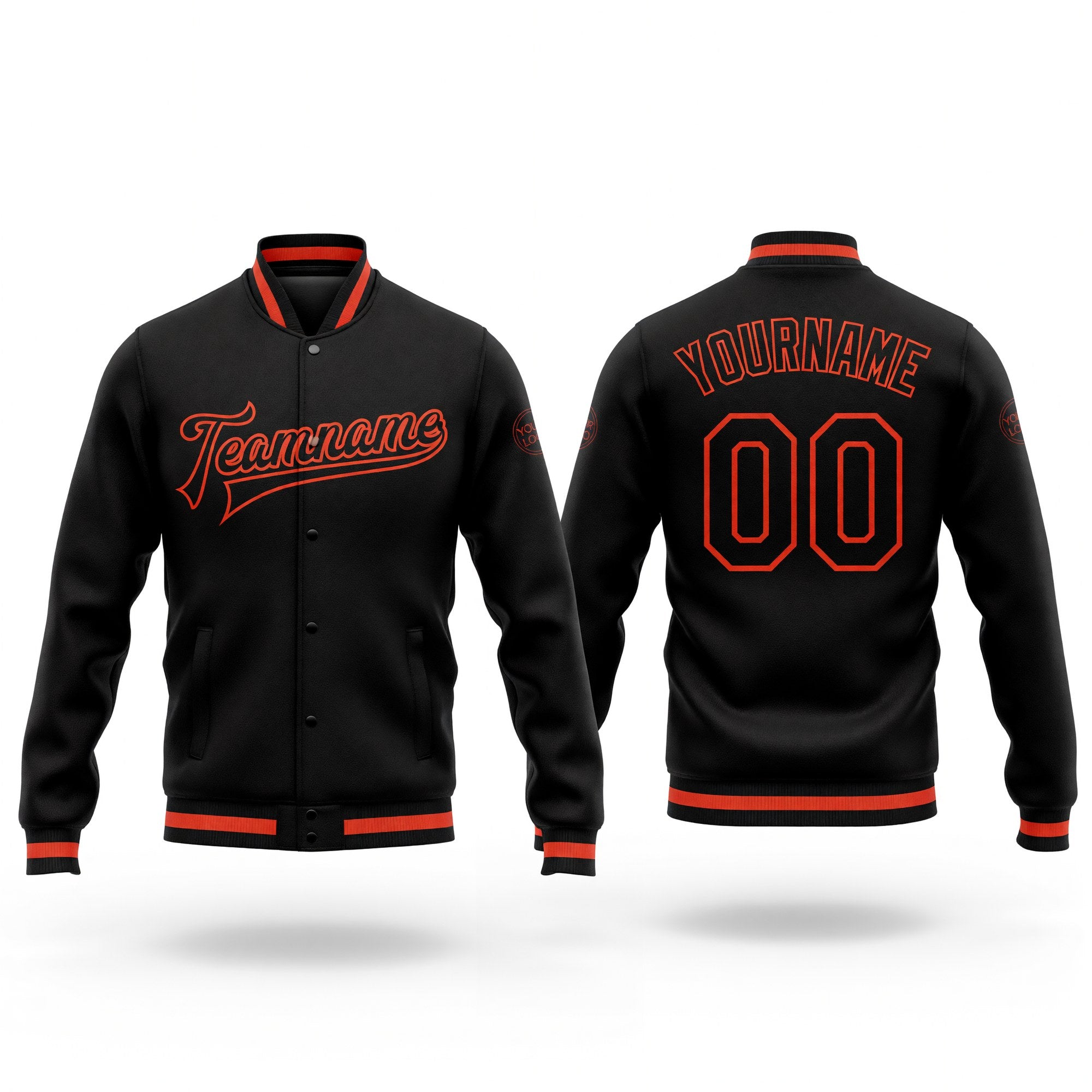 Custom Black Black-Orange Bomber Full-Snap Varsity Letterman Jacket