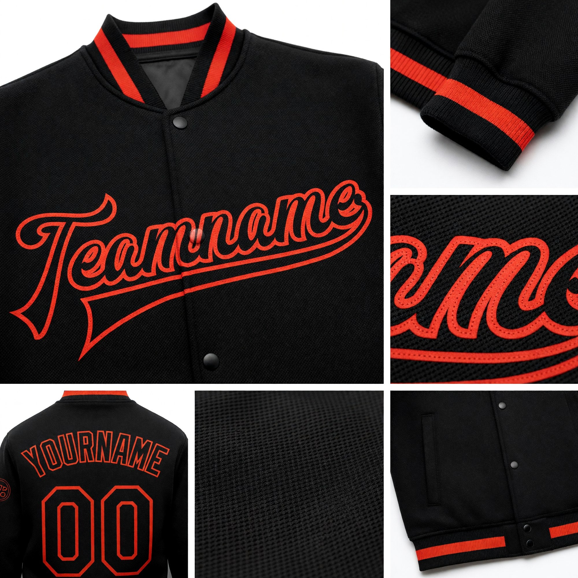 Custom Black Black-Orange Bomber Full-Snap Varsity Letterman Jacket detail