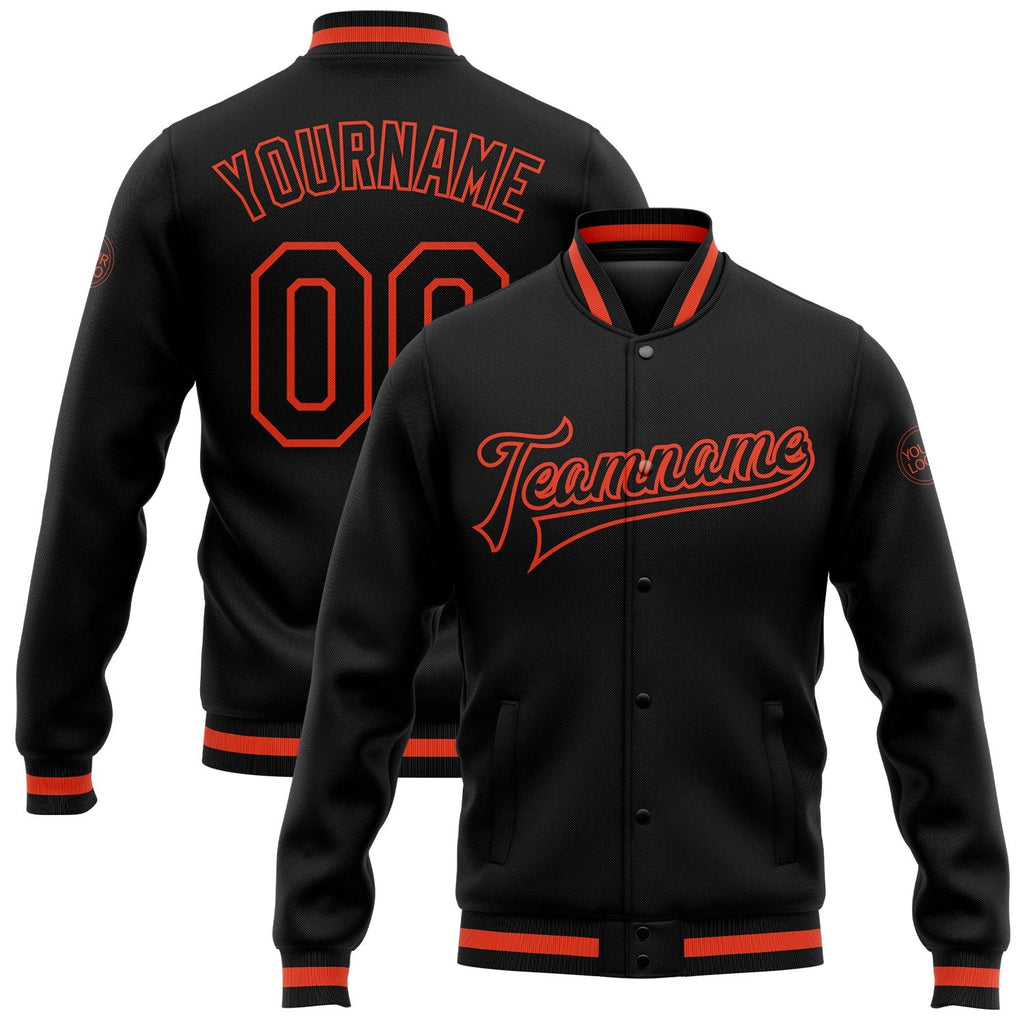 Custom Black Black-Orange Bomber Full-Snap Varsity Letterman Jacket photo 1