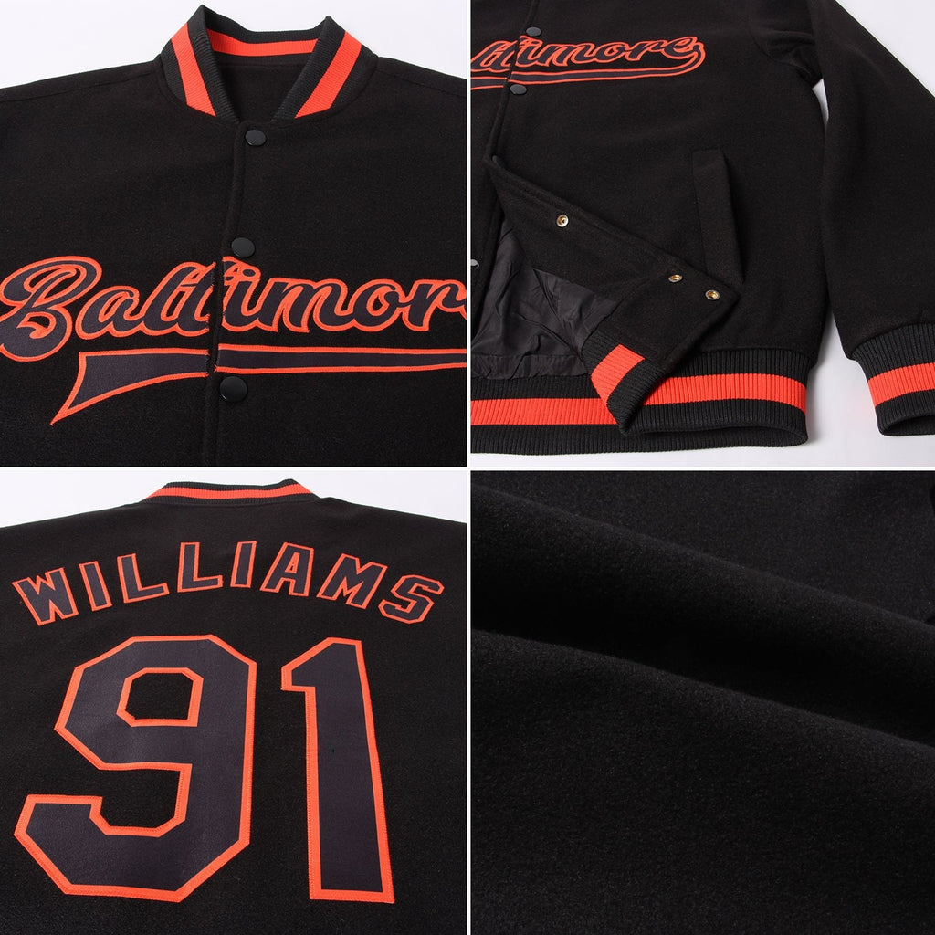 Custom Black Black-Orange Bomber Full-Snap Varsity Letterman Jacket photo 4