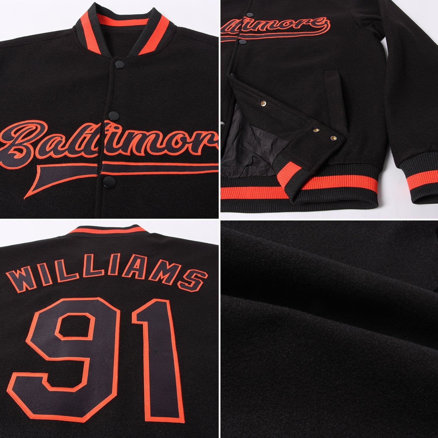 Custom Black Black-Orange Bomber Full-Snap Varsity Letterman Jacket photo 4