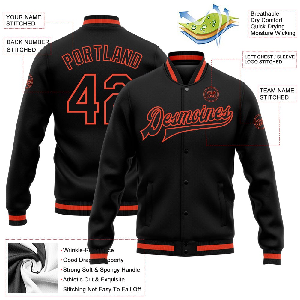 Custom Black Black-Orange Bomber Full-Snap Varsity Letterman Jacket photo 5
