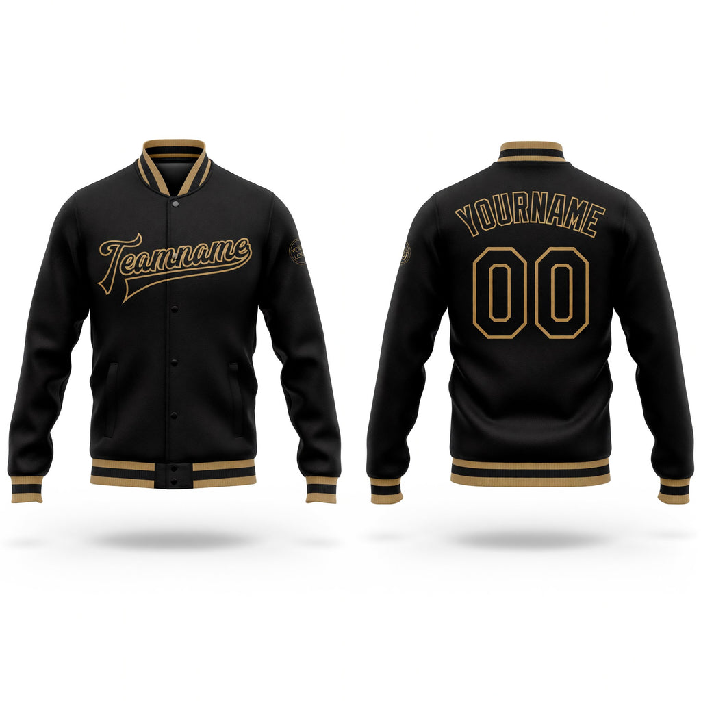 Custom Black Black-Old Gold Bomber Full-Snap Varsity Letterman Jacket