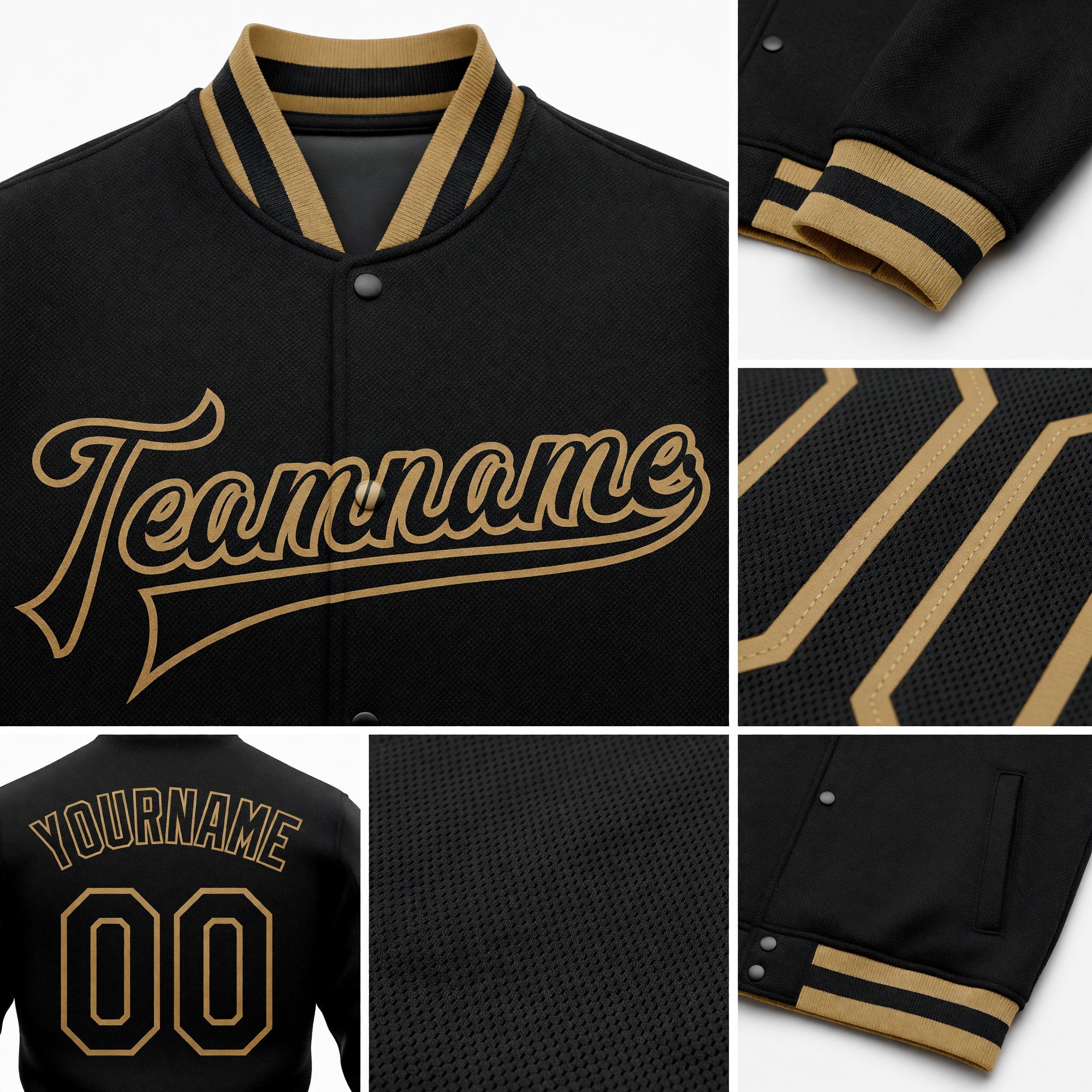 Custom Black Black-Old Gold Bomber Full-Snap Varsity Letterman Jacket detail