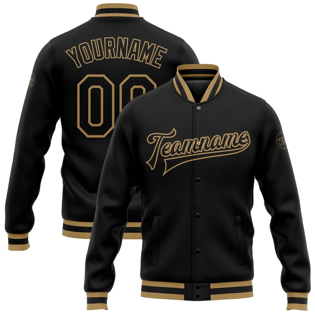 Custom Black Black-Old Gold Bomber Full-Snap Varsity Letterman Jacket photo 1
