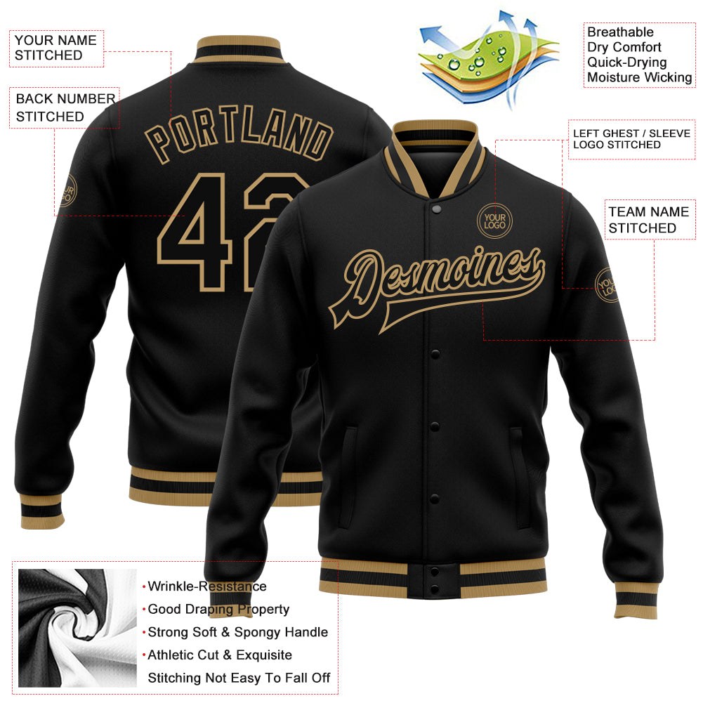 Custom Black Black-Old Gold Bomber Full-Snap Varsity Letterman Jacket photo 5