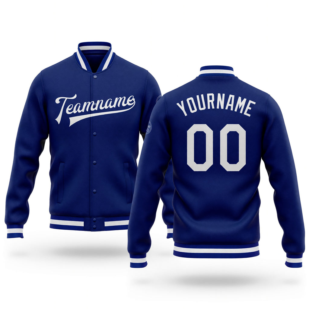 Custom Royal White Bomber Full-Snap Varsity Letterman Jacket