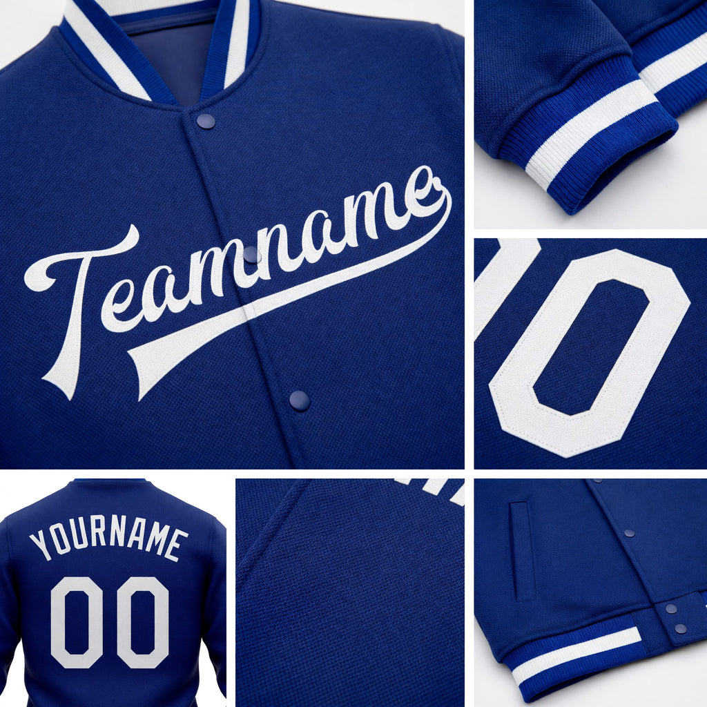 Custom Royal White Bomber Full-Snap Varsity Letterman Jacket detail